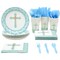144 Piece Baby Boy Baptism Decorations, Plates and Napkins Party Supplies with Blue Cutlery, Religious Decorations for First Communion, Christening, (Serves 24)